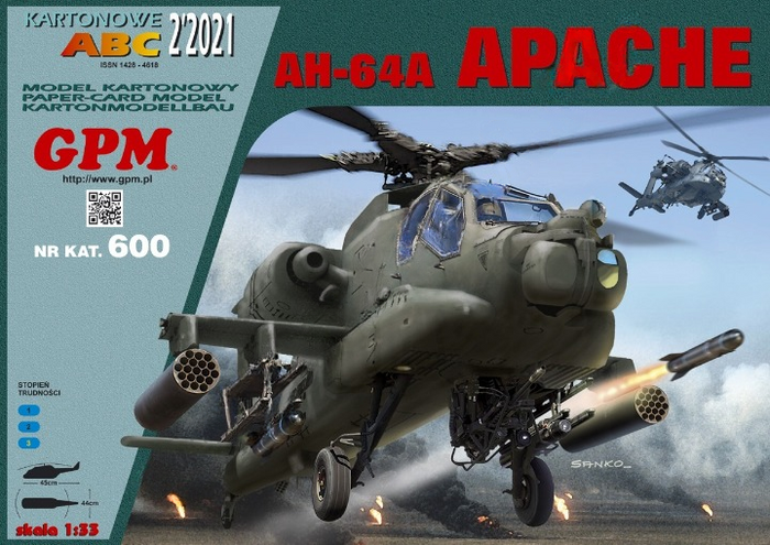Photo of 1:33 scale AH-64A Apache helicopter model kit by GPM, showing detailed design and packaging.