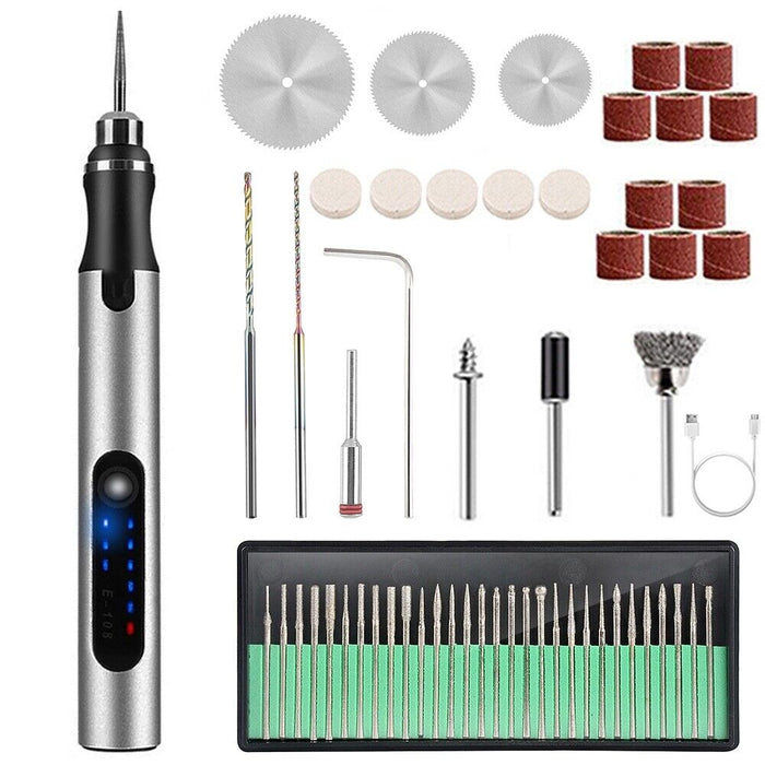 Photo of the Electric Grinder Pen Silver 54 pcs Set, showcasing its sleek design and multiple attachments for precision crafting, engraving, and detailed DIY projects.