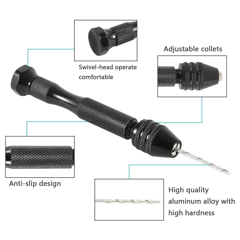 Image of compact manual hand drill in black aluminum alloy with 48 high-speed steel twist drill bits, designed for precision tasks and detailed work.