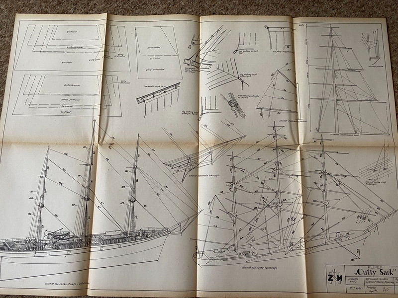 Image of the vintage 1976 LOK Publishing No 4/1976 Cutty Sark model plans, showing authentic detailing with natural paper discolorations indicative of their historical age.