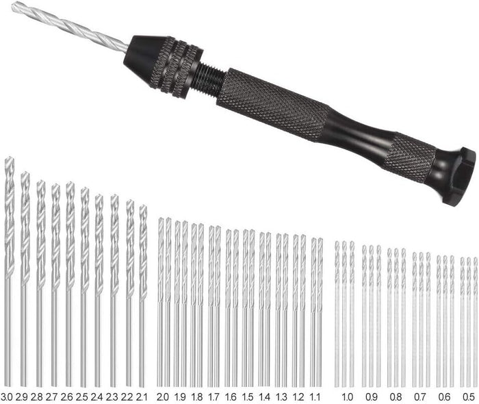 Image of compact manual hand drill in black aluminum alloy with 48 high-speed steel twist drill bits, designed for precision tasks and detailed work.