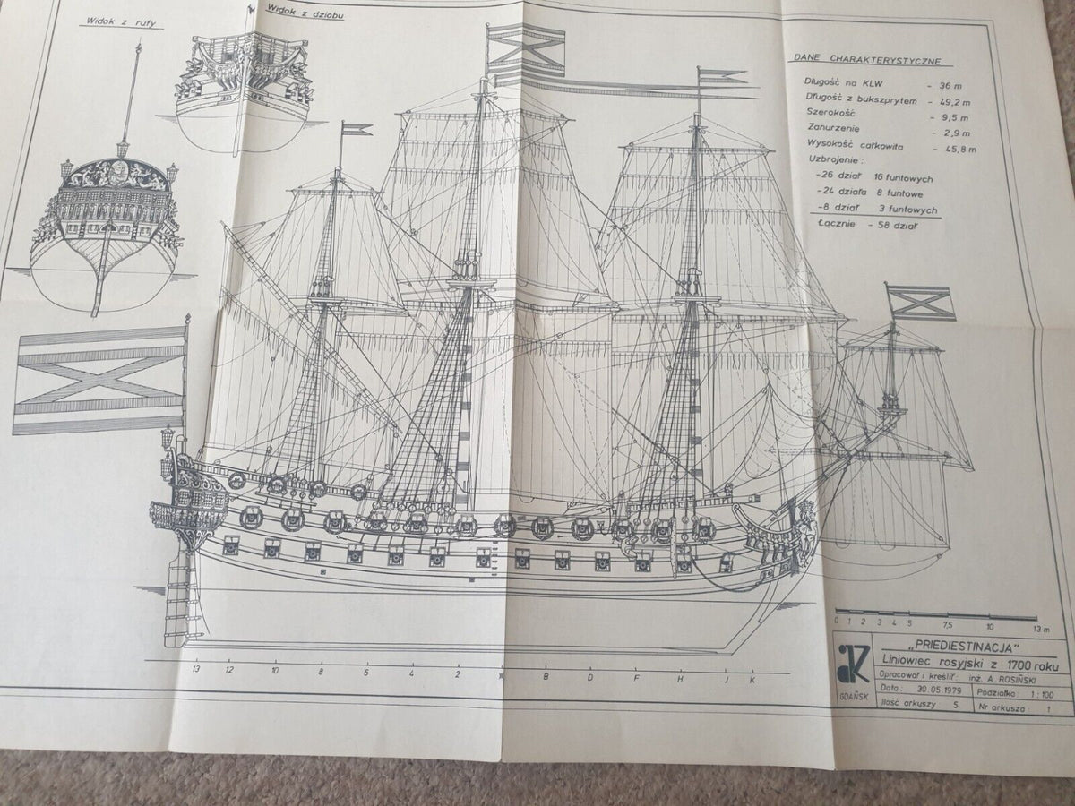 Image of the 1979 'Priediestinacja' Russian sailing ship model plans by LOK Publishing, showcasing the vintage quality and historical significance of these detailed construction blueprints.