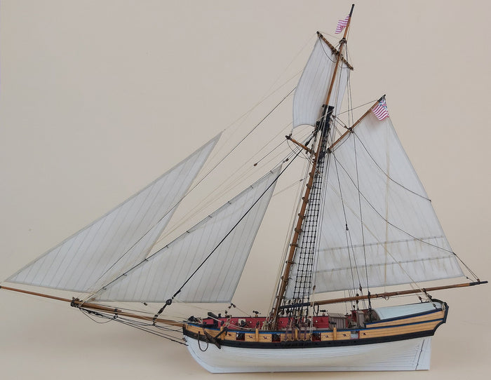 Photo of Armed Virginia Sloop American Privateer 1776 model kit by Seahorse, scale 1:100, showcasing detailed craftsmanship and historical design.