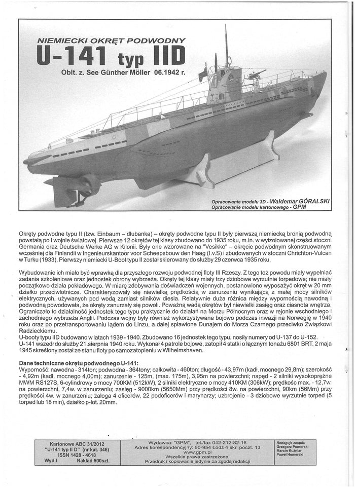 Image of GPM U-141 Typ IID Submarine Model Kit, showcasing the precision laser-cut frame and detailed components for an accurate WWII replica.