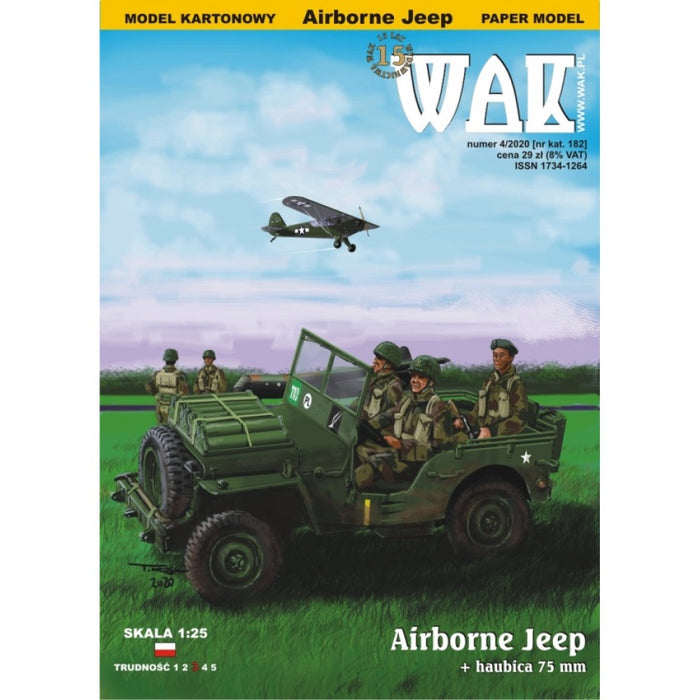 Photo of WAK Publishing's Airborne Jeep 1:25 Scale Card Model Kit, showcasing the detailed design and components ready for assembly.