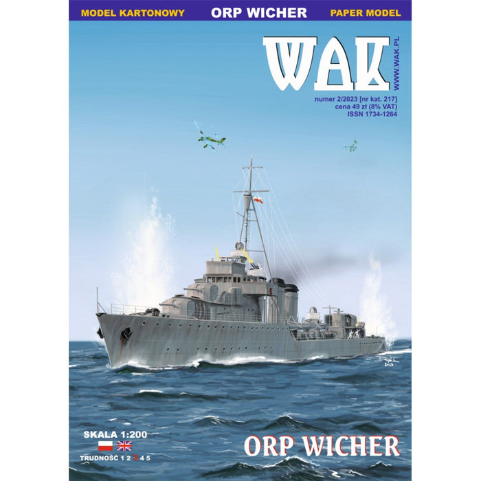 Image of ORP Wicher 1:200 scale card model kit by WAK Publishing, showcasing the detailed replica of the Polish destroyer with precision and historical accuracy.