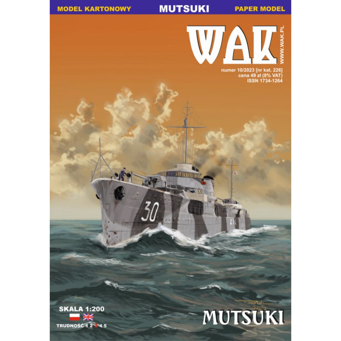 Image of the Mutsuki 1:200 scale card model kit by WAK Publishing, showcasing the kit's detailed components and historical design.