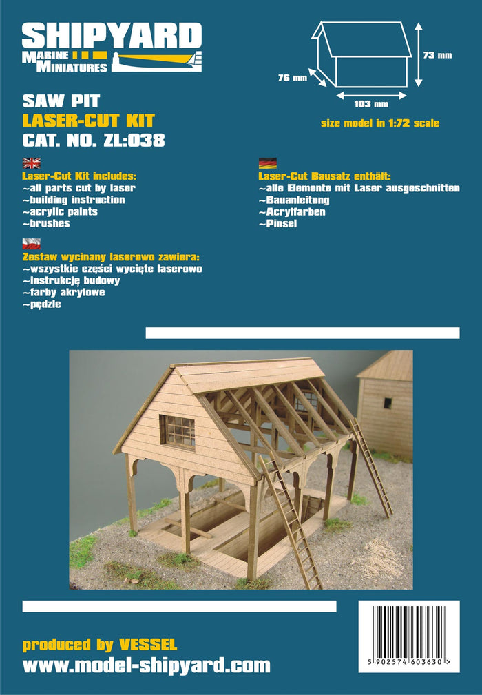 Image of the Saw Pit Card Model Kit by Shipyard, showcasing detailed laser-cut parts and the historical design for an authentic model building experience.