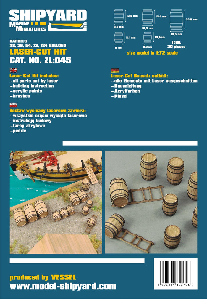 Photo of Shipyard's Barrel Card Model Kit, featuring an array of barrels in sizes 28, 36, 54, 72, and 184 gallons, crafted from high-quality card material for realistic model scenery.