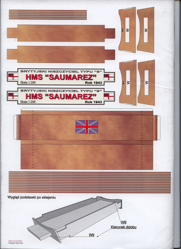 Image of WAK Publishing's HMS Saumarez 1:200 Scale Card Model Kit, showcasing the detailed components and design accuracy of the iconic British destroyer.