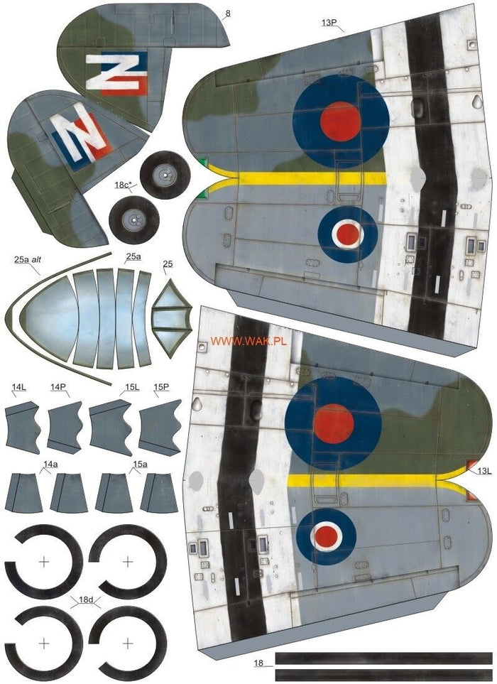 Image of the 1:33 scale Hawker Typhoon Mk.IB card model kit by WAK Publishing, showcasing the kit's detailed components and historical accuracy.
