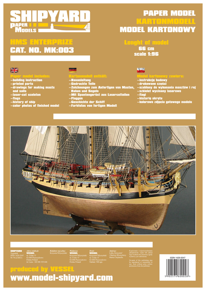 Photo of Shipyard's ENTERPRIZE 1:96 Card Model Kit, highlighting its detailed laser cut parts and the intricate design of the historic ship model.