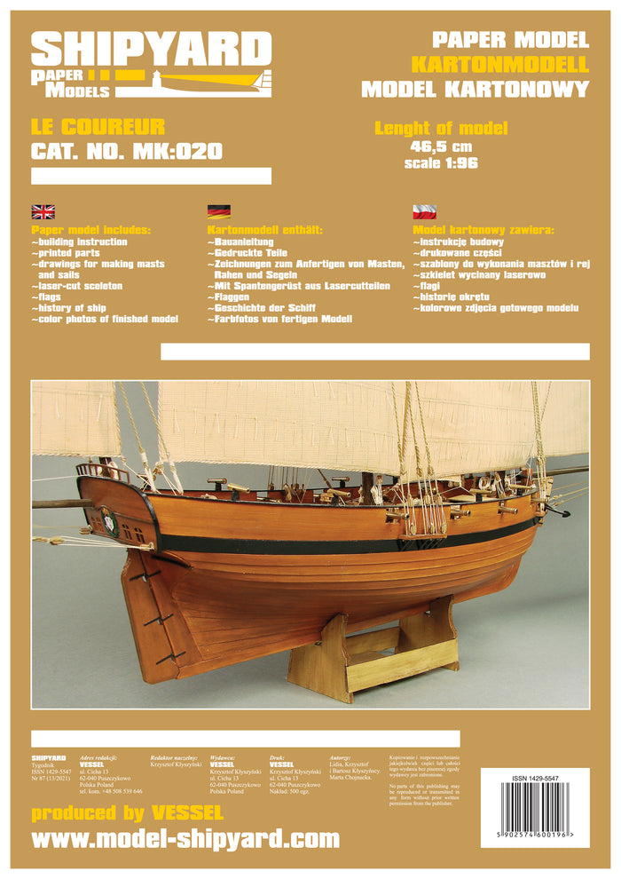 Photo of Shipyard's Le Coureur Card Model Kit 1:96, highlighting the intricate laser-cut frame and detailed components, ideal for creating a historically accurate scale model.
