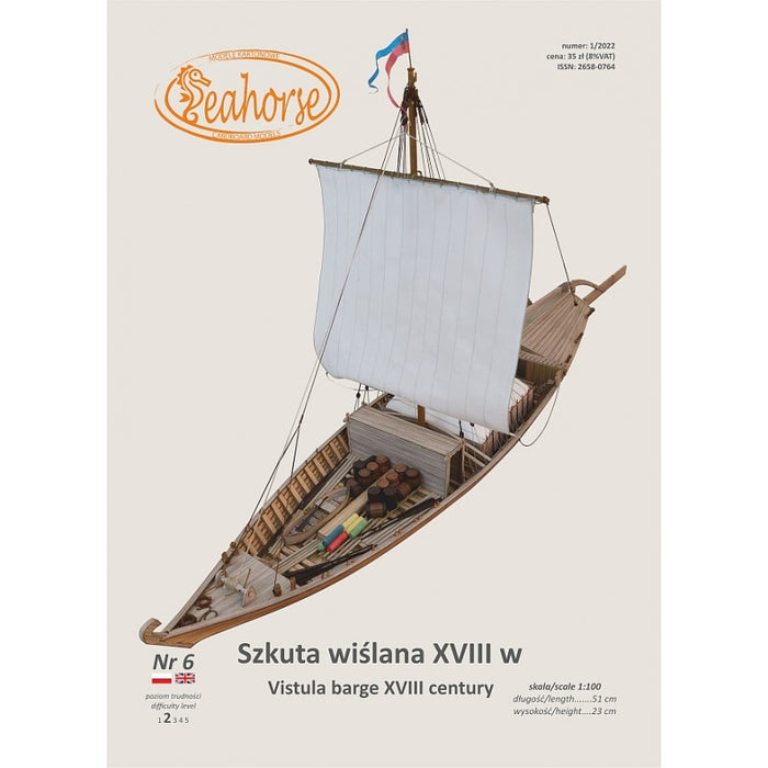 Photo of Seahorse Publishing's Vistula Barge Card Model 1:100, showcasing the intricate design and detailed craftsmanship of the historic barge replica.