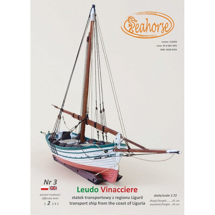 Photo of Seahorse Publishing's LEUDO VINACCIERE Card Model 1:72, showcasing the detailed and historically accurate replica of the Mediterranean cargo ship.