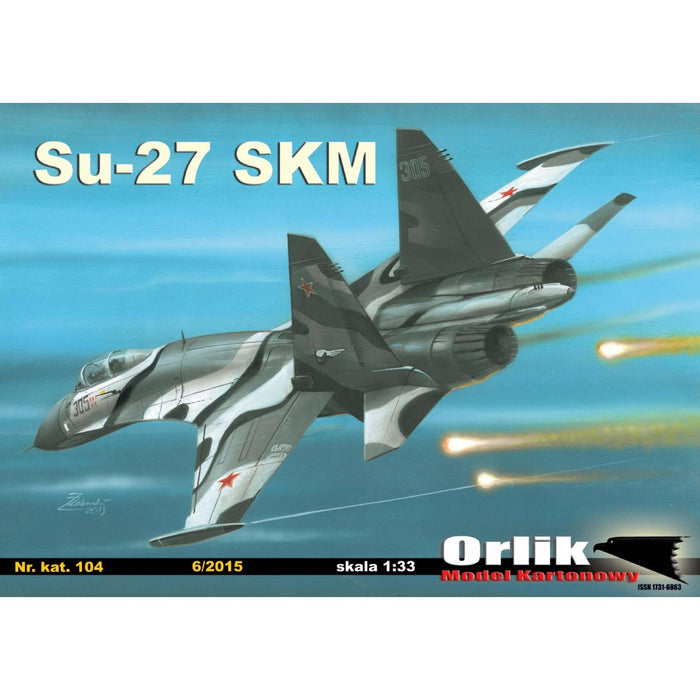 Image of Orlik Publishing's SU-27 SKM 1:33 scale paper model kit, showcasing the detailed design and precision of this iconic fighter jet replica for crafting enthusiasts.