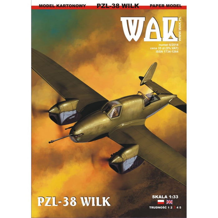 Image showcasing the PZL-38 Wilk 1:33 Scale Card Model Kit by WAK Publishing, highlighting the kit's detailed components and quality card material for an authentic modeling experience.