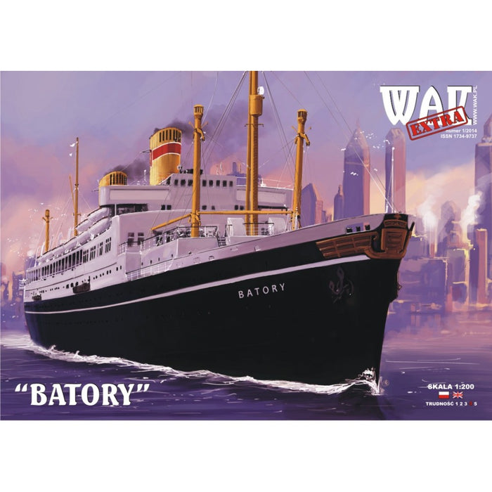 Image of the Batory 1:200 Scale Card Model Kit by WAK Publishing, showcasing the detailed card stock pieces and comprehensive instructions for assembling a replica of the historic ocean liner