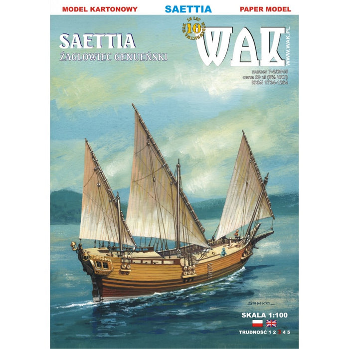 Image of the SAETTIA 1:100 Scale Card Model Kit from WAK Publishing, showcasing the detailed card pieces and instructions for building this historic vessel model.