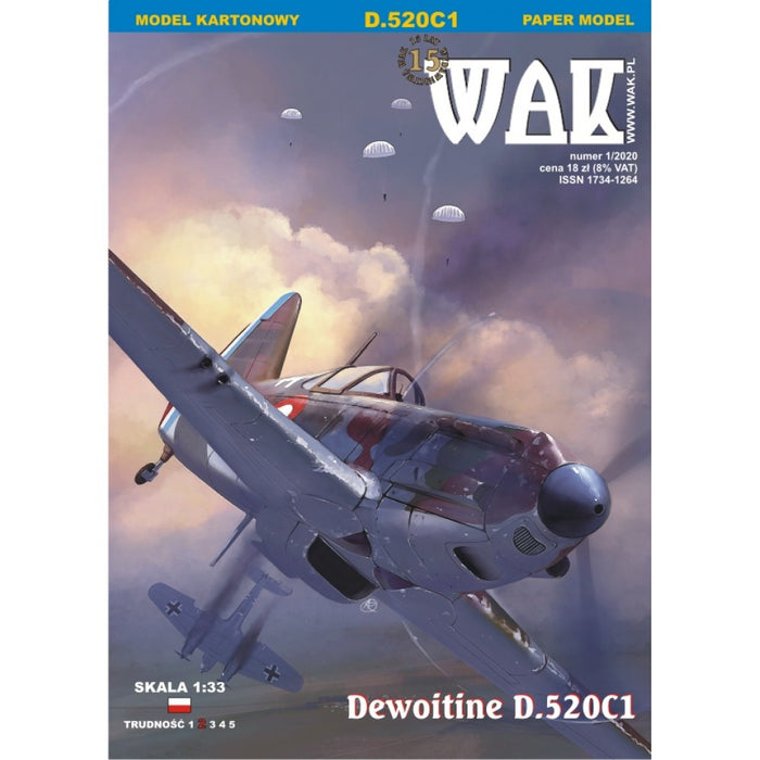 Image of DEWOITINE D. 520C1 1:33 Scale Card Model Kit by WAK Publishing, showcasing the precision-cut card pieces and detailed design of this historic WWII aircraft.