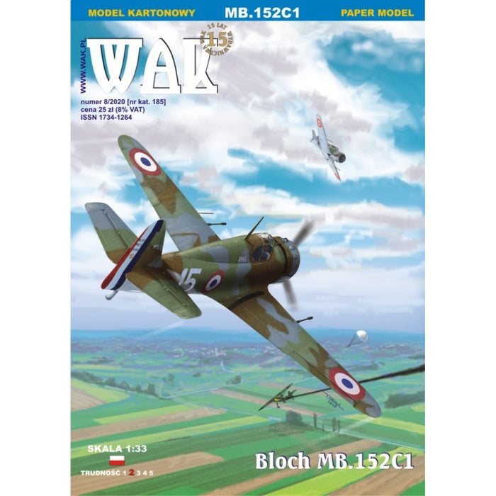 Image showcasing the BLOCH MB.152C1 1:33 Scale Card Model Kit by WAK Publishing, highlighting the kit's detailed design and quality materials.