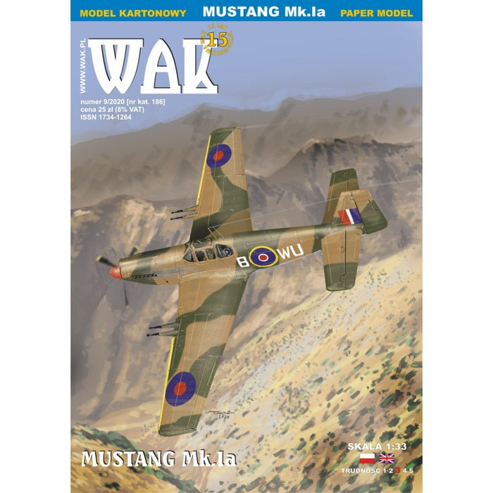 Image showcasing the MUSTANG MK. 1A 1:33 Scale Card Model Kit by WAK Publishing, highlighting its detailed components and historical accuracy.
