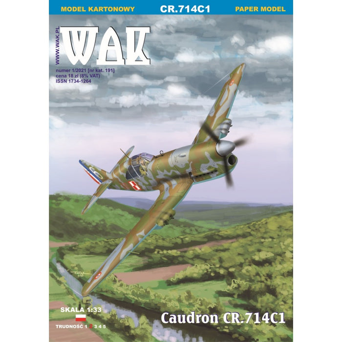 Image showcasing the CAUDRON CR.714C1 1:33 Scale Card Model Kit by WAK Publishing, highlighting the kit's detailed components and scale accuracy.