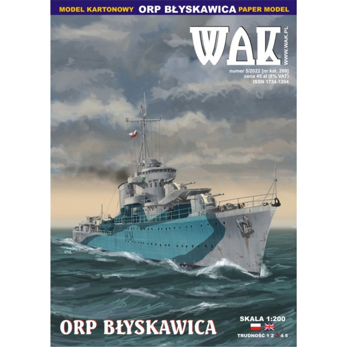 Image of ORP Błyskawica 1:200 Scale Card Model Kit by WAK Publishing, showcasing the detailed design and historical accuracy of the Polish WWII destroyer.