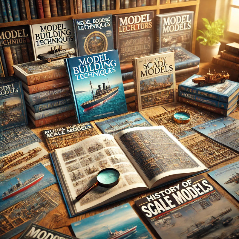 A warm, inviting image of a wooden table with model-building books and magazines. The books display models of ships, airplanes, and vehicles, while an open book with a magnifying glass highlights detailed study.