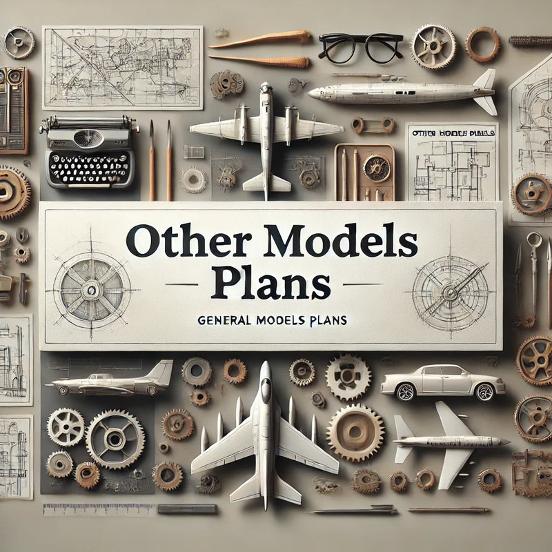 Category banner for 'Other Models Plans' featuring blueprints, gears, and car parts, representing various model types in a technical and creative design.