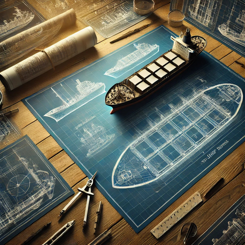 Blueprints and plans of commercial vessels, cargo ships, and ferries displayed on a wooden table with drafting tools, representing the 'Other Ship Models' category in an online model store.