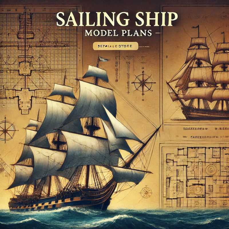 Illustrated blueprint of a classic sailing ship with detailed sails and rigging, set against a nautical-themed background, representing the 'Sailing Ship Model Plans' category for an online model store.