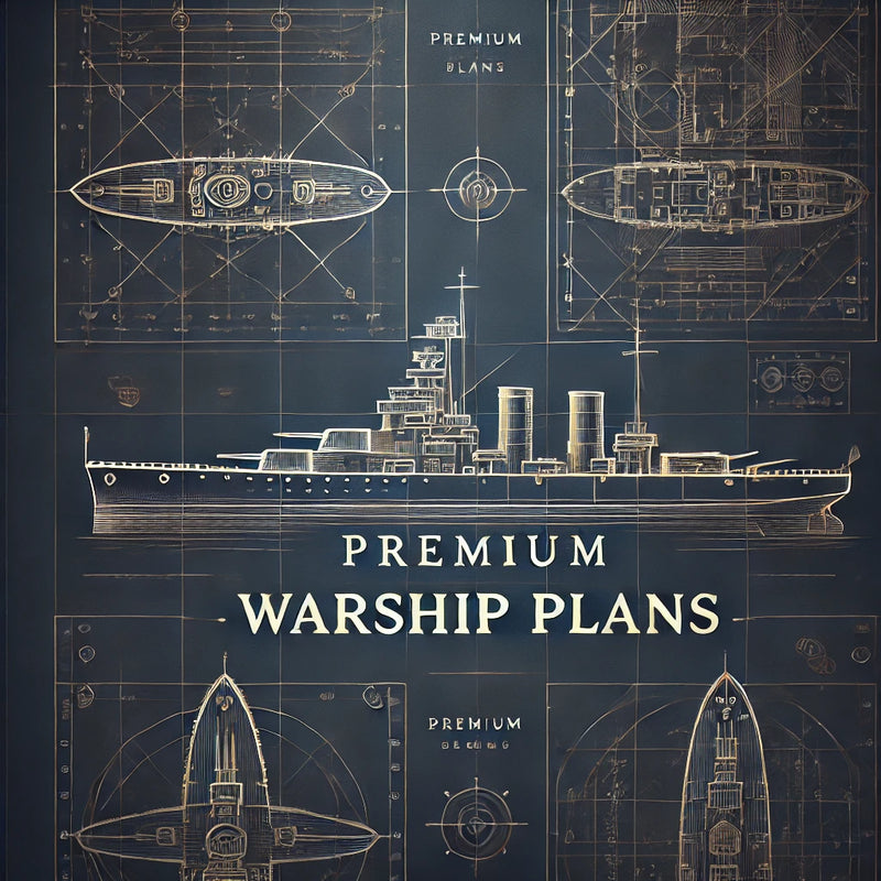 Banner for Premium Warship Plans featuring technical blueprints of warship elements on a deep navy background with gold accents, conveying a sense of luxury and exclusivity.