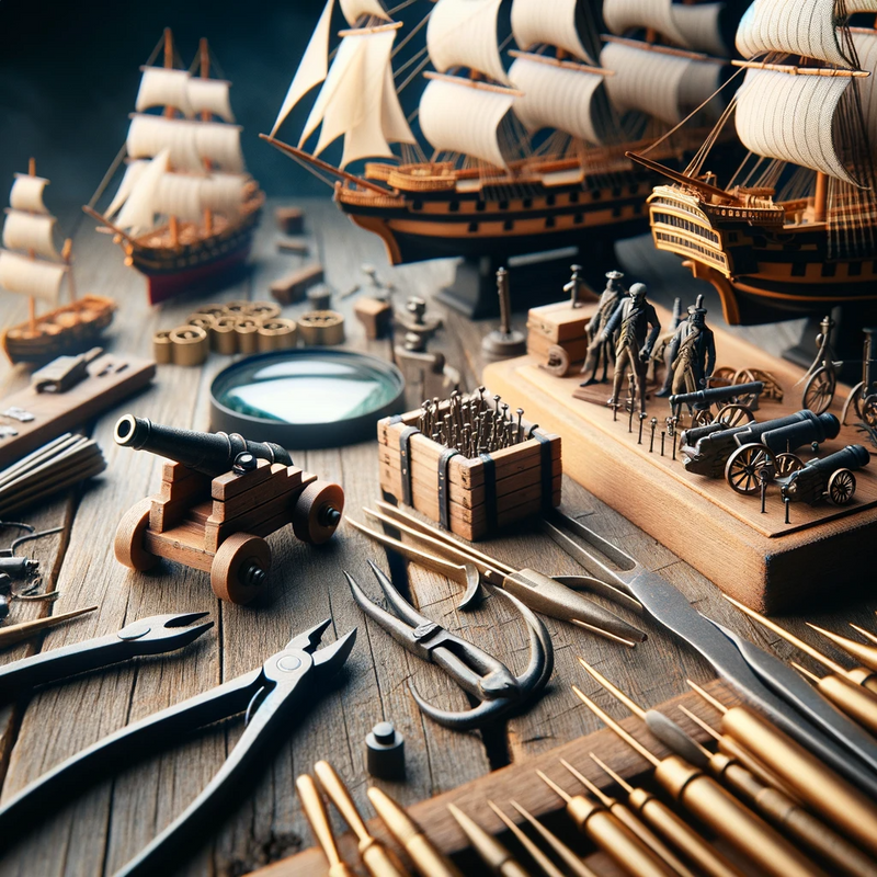 Scale modeling accessories for ship models on rustic wooden table, including miniature deck cannons, rigging blocks, anchor replicas, precision tweezers, and magnifying glass, with blurred background