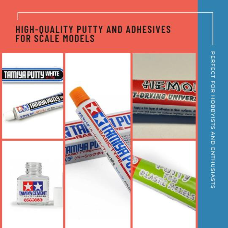 Assortment of model putty and glues, including Tamiya branded tubes and bottle, with text overlay promoting high-quality products for model enthusiasts.