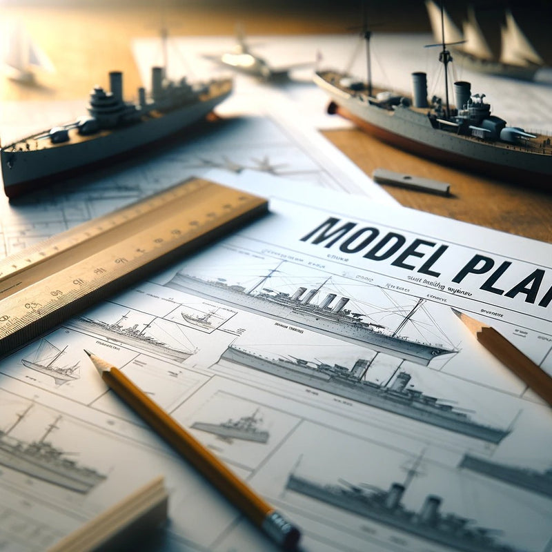 Assortment of detailed model plans for ships, aircraft, and vehicles on a clean surface with minimal tools, featuring a plan labeled 'Model Plan', with a soft, unfocused background highlighting the plans