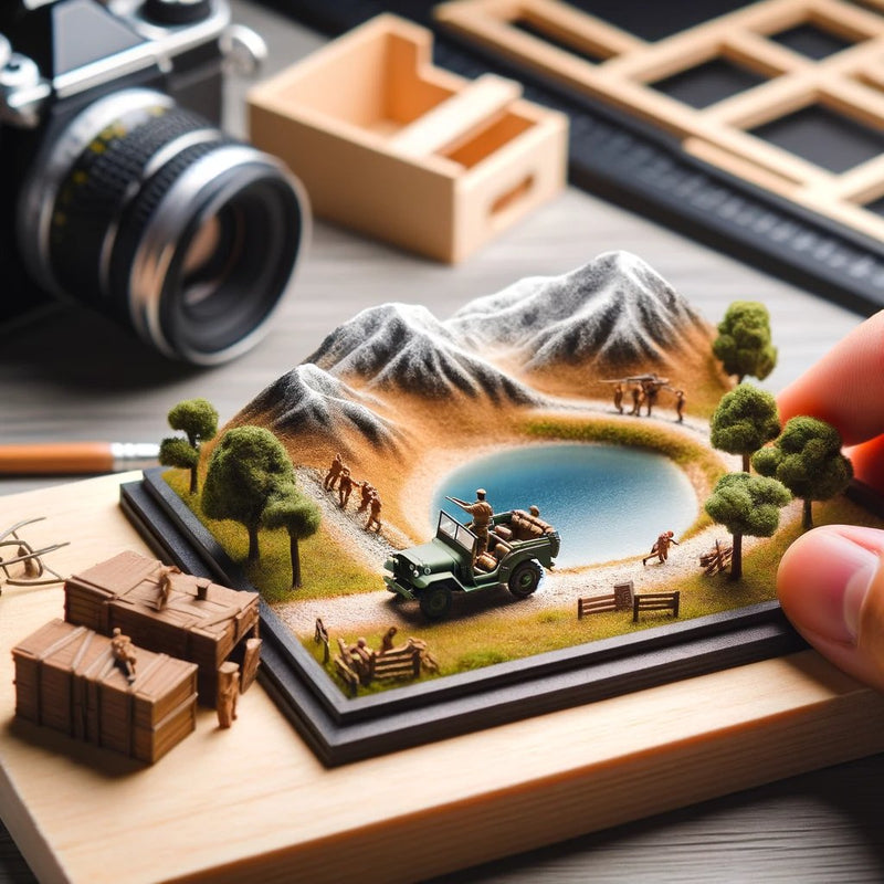 Minimalist diorama display featuring miniature landscape with hills, trees, and a small water body, alongside a scale model figure or vehicle, symbolizing the essence of diorama building for a scale model and accessories store category.