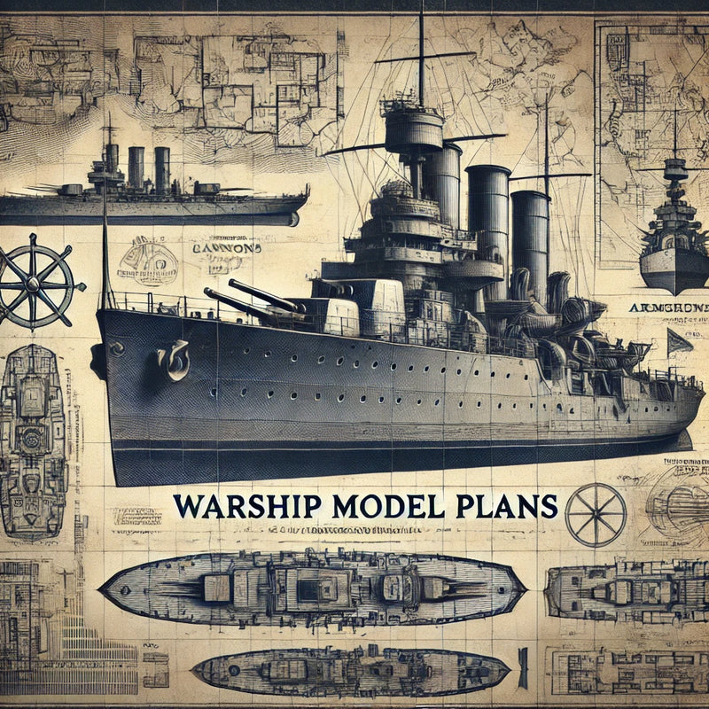 Detailed blueprint of a classic warship highlighting cannons, armored hull, and naval architecture, with a background featuring an antique map and subtle battle elements. The text 'Warship Model Plans' is prominently displayed in a bold, serif font.