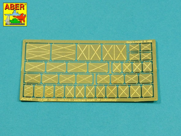 Photo of ABER Ship Hatches Type B (RE-SV-08), high-quality photo-etched brass hatches for warship scale models, various sizes for historical naval models.