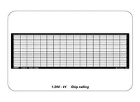 Photo of ABER RE-200-01 photo-etched railing with 3 horizontal rods, 1:200 scale, 105cm long, designed for ship and architectural models.