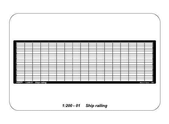 Photo of ABER RE-200-01 photo-etched railing with 3 horizontal rods, 1:200 scale, 105cm long, designed for ship and architectural models.