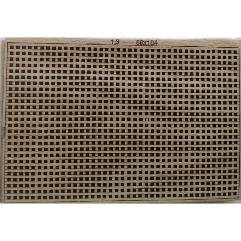 Photo of a premium wooden grating 1.3x1.3mm grid, 69x104mm size, designed for scale models and DIY crafts.