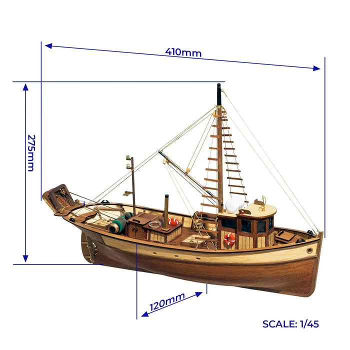 Photo of the Palamós Fishing Boat Model Kit (1:45 scale) by OcCre, showcasing a detailed wooden replica of a traditional Spanish coastal fishing vessel.