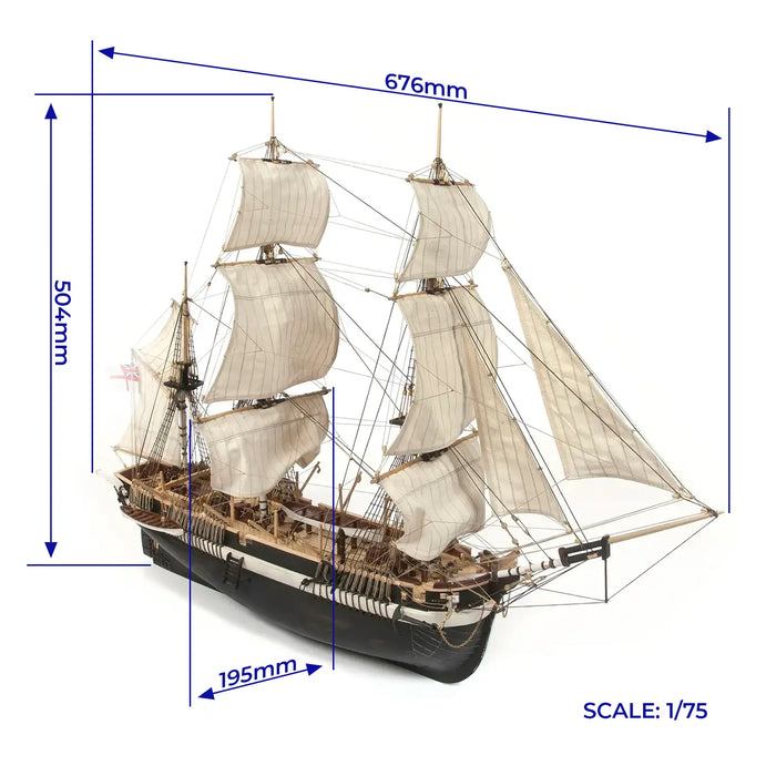 Photo of the OcCre HMS Terror 1:75 scale model, a highly detailed wooden replica of the historic Royal Navy vessel from the Franklin Expedition.