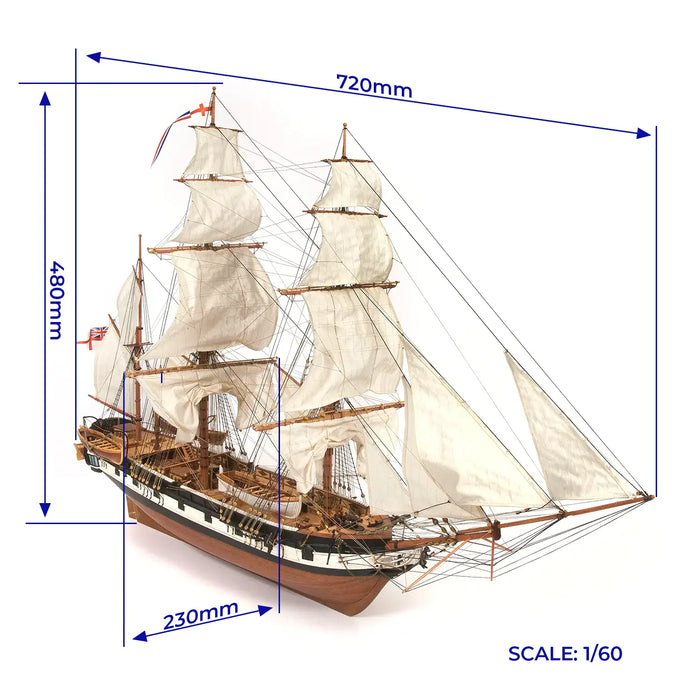 Photo of the HMS Beagle 1:60 scale wooden model ship kit by OcCre, showcasing detailed rigging, sails, and wooden craftsmanship.