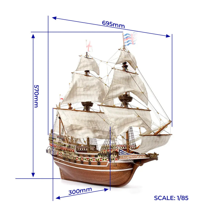 Photo of the HMS Revenge 1:85 scale wooden model kit by OcCre, showcasing detailed rigging, laser-cut wooden parts, and realistic metal fittings.