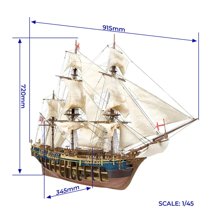 Photo of the HMS Bounty 1:45 Scale Model Kit by OcCre (14006), featuring a highly detailed wooden replica of the historic Royal Navy vessel.