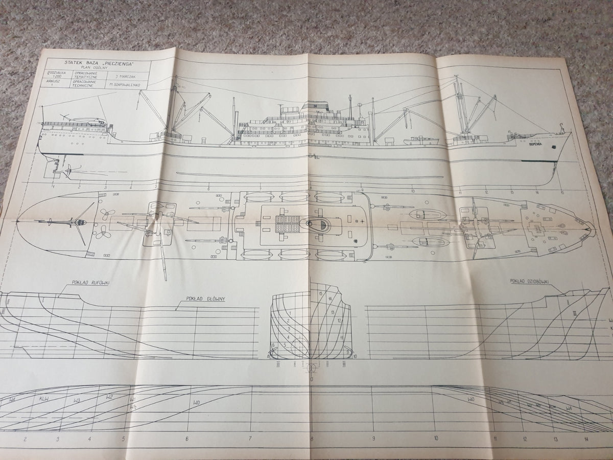 Image of the 1974 Soviet Fishing Base Ship Pieczenga Model Plans, featuring detailed drawings and historical photos for advanced scale model building.