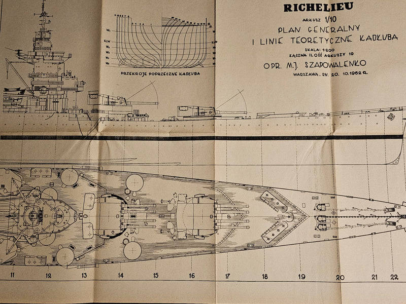 Vintage 1979 'Richelieu' French Battleship Model Plans by LOK Publishing, showing natural paper discoloration, encapsulating historical naval design.