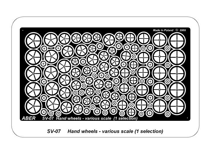 Photo of ABER (RE-SV-07) Hand Wheels Type A for scale warship models, showing finely detailed brass components in various sizes.